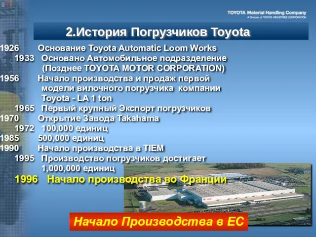 Начало Производства в ЕС 2.История Погрузчиков Toyota Основание Toyota Automatic Loom Works