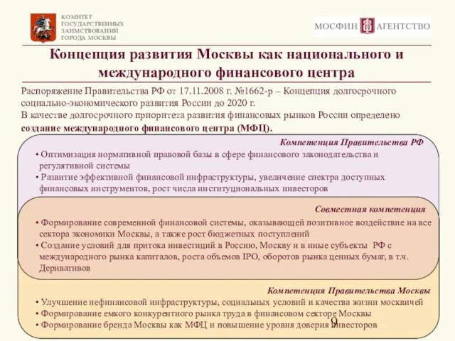 Концепция развития Москвы как национального и международного финансового центра Распоряжение Правительства РФ
