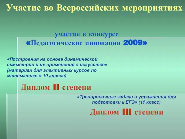 Участие во Всероссийских мероприятиях участие в конкурсе «Педагогические инновации 2009» Диплом II