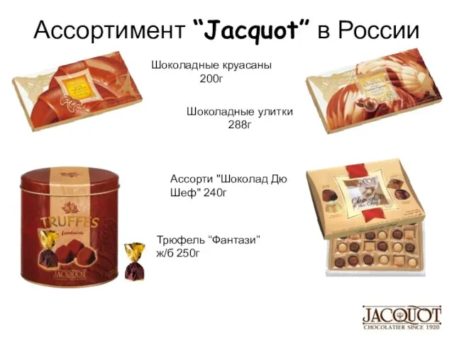 Ассортимент “Jacquot” в России Шоколадные круасаны 200г Шоколадные улитки 288г Трюфель “Фантази”