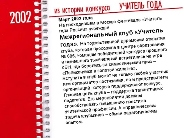 Март 2002 года На проходившем в Москве фестивале «Учитель года России» учрежден