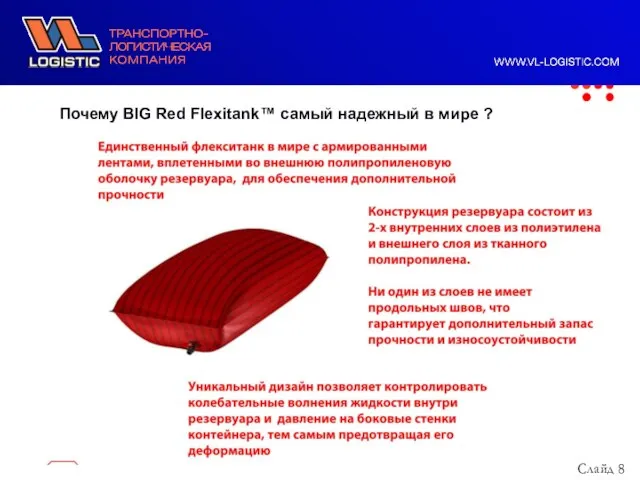 ООО "ВЛ Лоджистик", 2011 год Почему BIG Red Flexitank™ самый надежный в мире ? Слайд