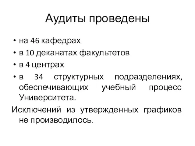 Аудиты проведены на 46 кафедрах в 10 деканатах факультетов в 4 центрах