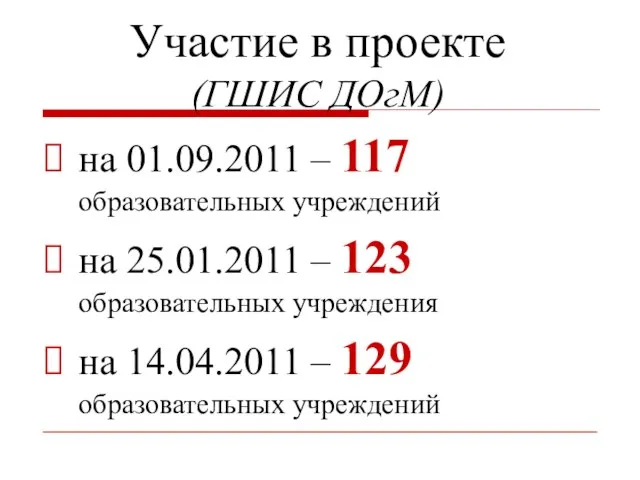 Участие в проекте (ГШИС ДОгМ) на 01.09.2011 – 117 образовательных учреждений на