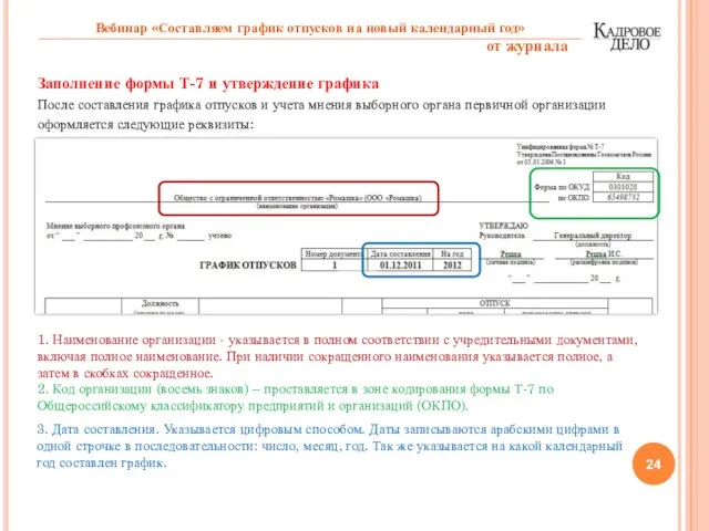 Заполнение формы Т-7 и утверждение графика После составления графика отпусков и учета