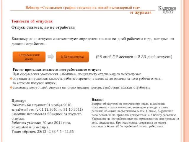 Тонкости об отпусках Отпуск оплачен, но не отработан Каждому дню отпуска соответствует