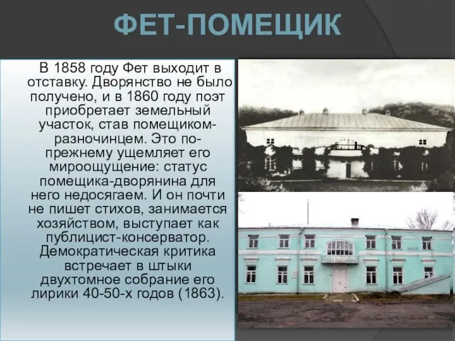 В 1858 году Фет выходит в отставку. Дворянство не было получено, и