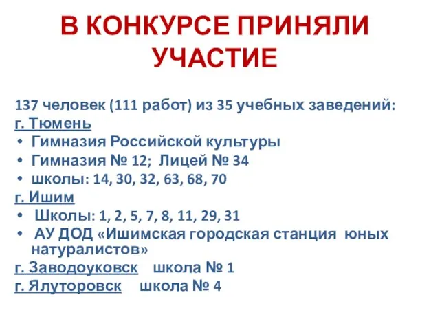 В КОНКУРСЕ ПРИНЯЛИ УЧАСТИЕ 137 человек (111 работ) из 35 учебных заведений: