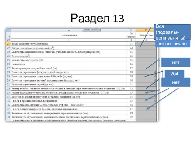 Раздел 13 Вся (подвалы- если заняты) целое число нет 204 нет