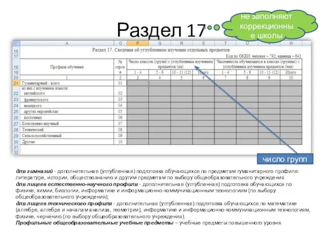 Раздел 17 число групп для гимназий - дополнительная (углубленная) подготовка обучающихся по