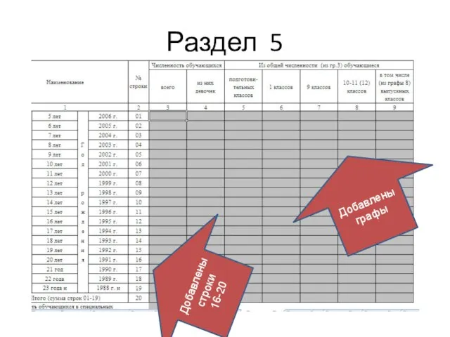 Раздел 5 Добавлены строки 16-20 Добавлены графы