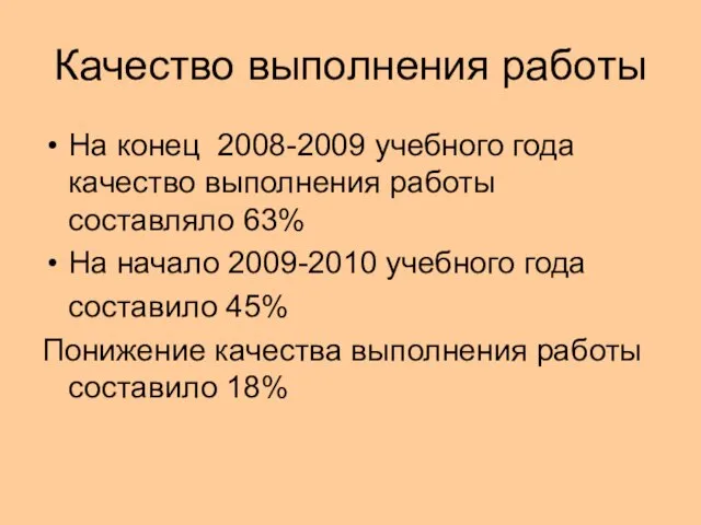 Качество выполнения работы На конец 2008-2009 учебного года качество выполнения работы составляло