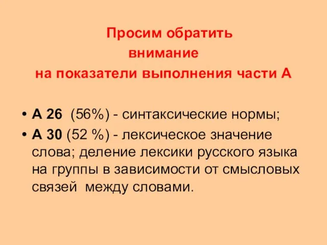 Просим обратить внимание на показатели выполнения части А А 26 (56%) -