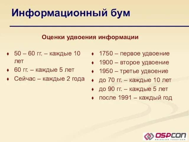 Информационный бум Оценки удвоения информации 50 – 60 гг. – каждые 10