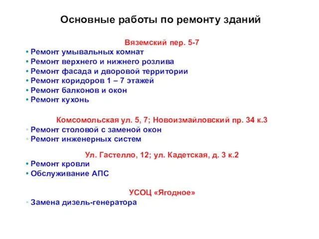 Основные работы по ремонту зданий Вяземский пер. 5-7 Ремонт умывальных комнат Ремонт