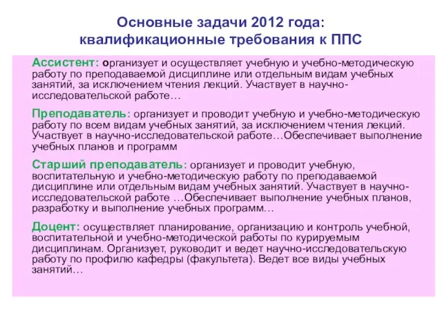 Основные задачи 2012 года: квалификационные требования к ППС Ассистент: организует и осуществляет