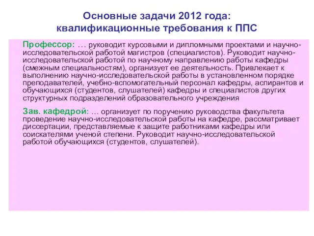 Основные задачи 2012 года: квалификационные требования к ППС Профессор: … руководит курсовыми