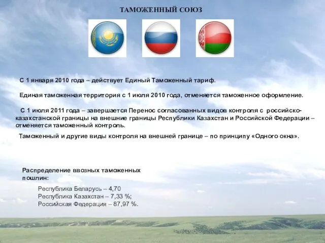 ТАМОЖЕННЫЙ СОЮЗ С 1 января 2010 года – действует Единый Таможенный тариф.