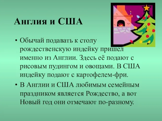 Англия и США Обычай подавать к столу рождественскую индейку пришёл именно из