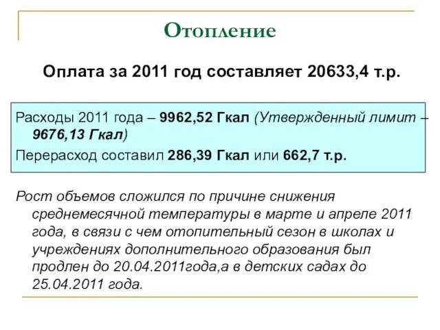 Отопление Оплата за 2011 год составляет 20633,4 т.р. Расходы 2011 года –