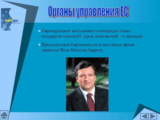 Органы управления ЕС Европарламент возглавляют поочередно главы государств-членов ЕС (срок полномочий –