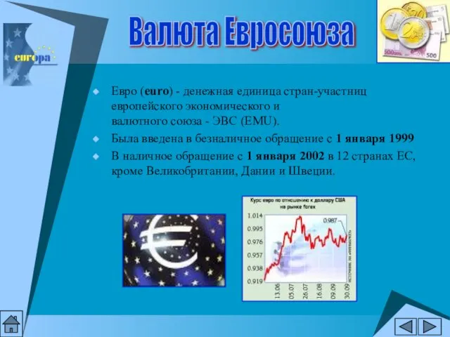 Евро (euro) - денежная единица стран-участниц европейского экономического и валютного союза -