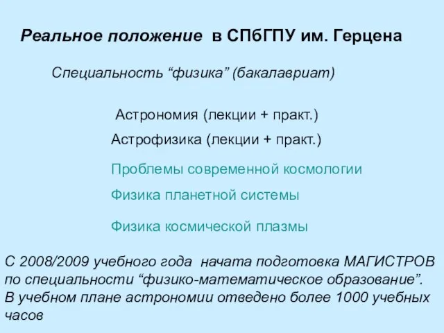 Реальное положение в СПбГПУ им. Герцена Специальность “физика” (бакалавриат) Астрономия (лекции +