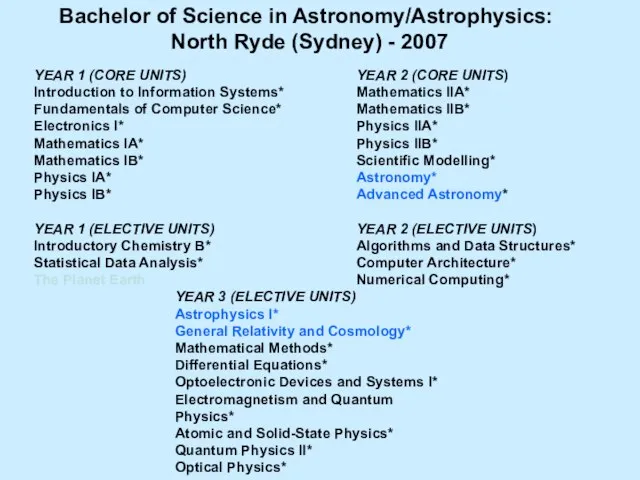 Bachelor of Science in Astronomy/Astrophysics: North Ryde (Sydney) - 2007 YEAR 1