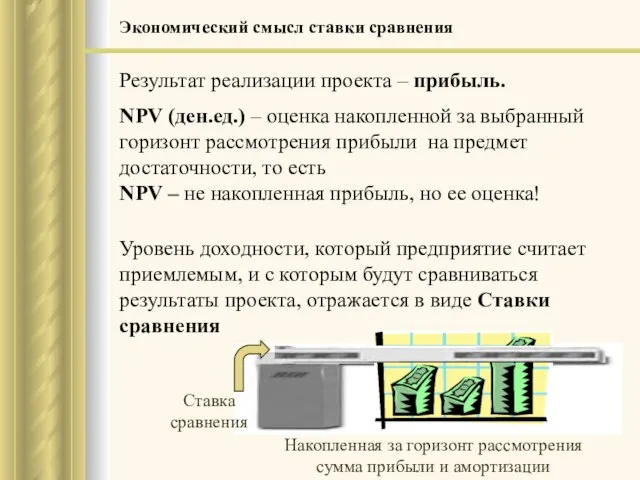 Экономический смысл ставки сравнения Результат реализации проекта – прибыль. NPV (ден.ед.) –