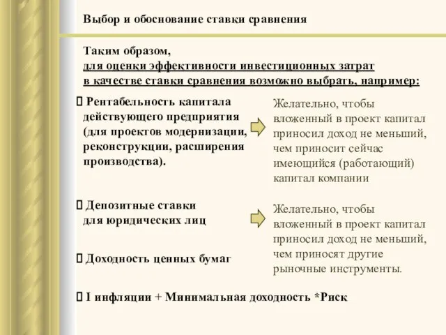 Выбор и обоснование ставки сравнения Таким образом, для оценки эффективности инвестиционных затрат