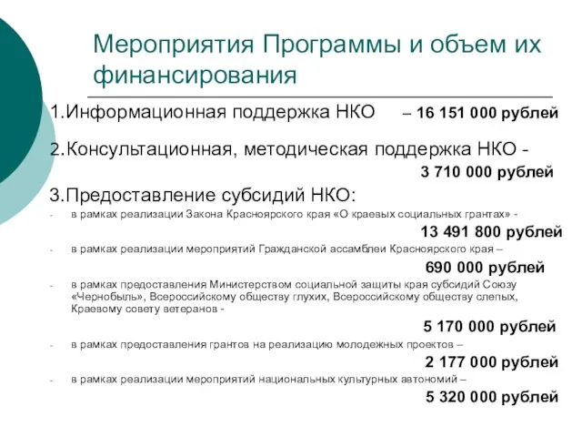 Мероприятия Программы и объем их финансирования 1.Информационная поддержка НКО – 16 151