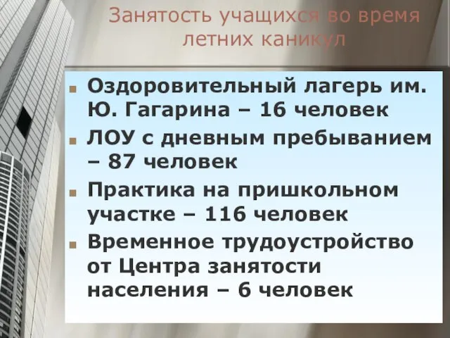 Занятость учащихся во время летних каникул Оздоровительный лагерь им. Ю. Гагарина –