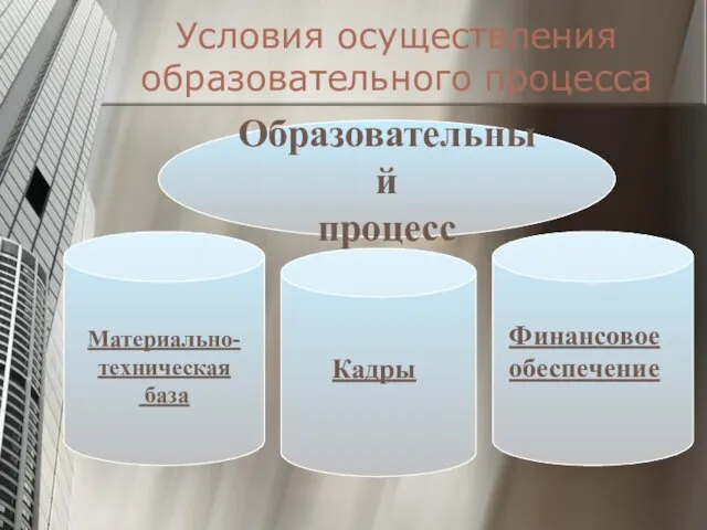 Условия осуществления образовательного процесса Образовательный процесс Кадры Финансовое обеспечение Материально-техническая база