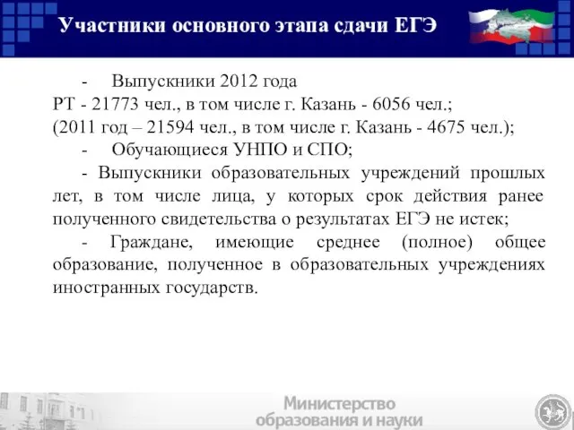 Участники основного этапа сдачи ЕГЭ - Выпускники 2012 года РТ - 21773