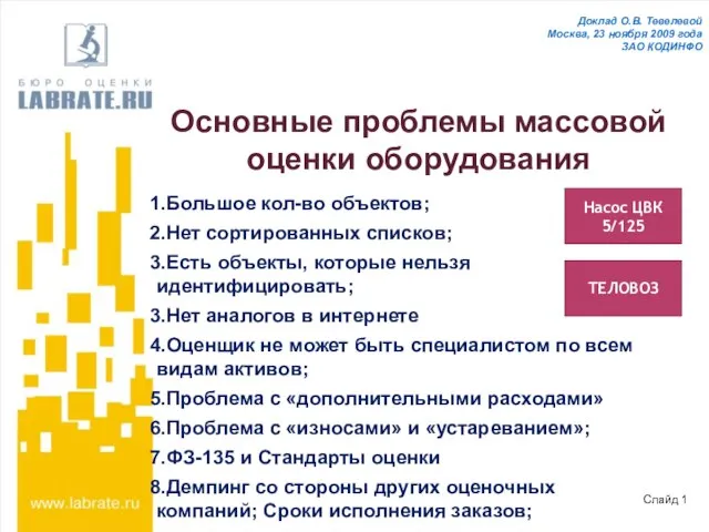 Основные проблемы массовой оценки оборудования Большое кол-во объектов; Нет сортированных списков; Есть