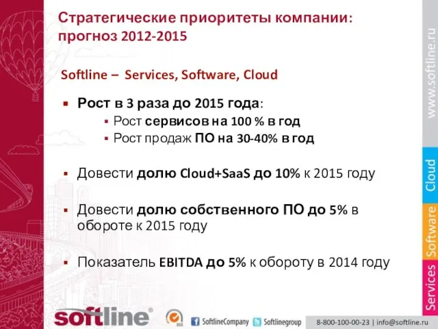 Стратегические приоритеты компании: прогноз 2012-2015 Softline – Services, Software, Cloud Рост в