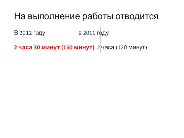 На выполнение работы отводится В 2012 году в 2011 году 2 часа