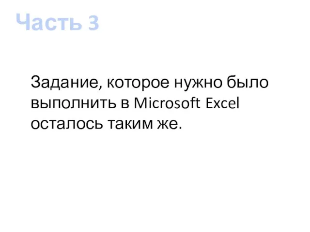 Часть 3 Задание, которое нужно было выполнить в Microsoft Excel осталось таким же.