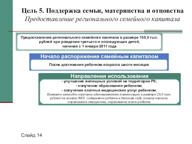 Слайд 14 Цель 5. Поддержка семьи, материнства и отцовства Предоставление регионального семейного