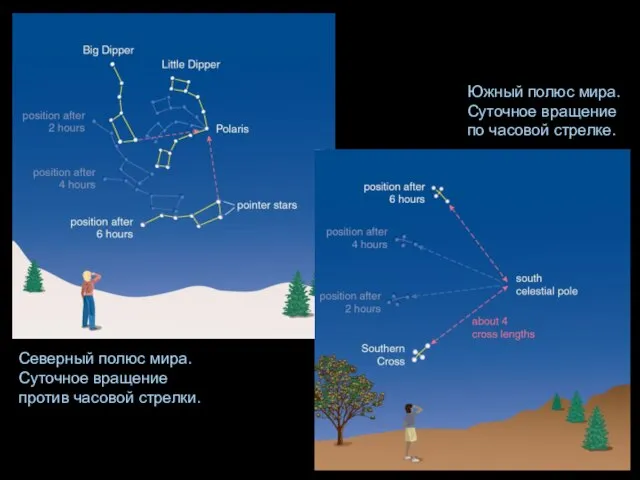 Северный полюс мира. Суточное вращение против часовой стрелки. Южный полюс мира. Суточное вращение по часовой стрелке.