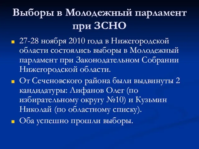 Выборы в Молодежный парламент при ЗСНО 27-28 ноября 2010 года в Нижегородской