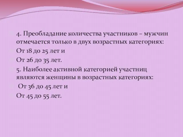 4. Преобладание количества участников – мужчин отмечается только в двух возрастных категориях: