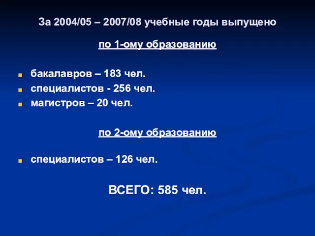 За 2004/05 – 2007/08 учебные годы выпущено по 1-ому образованию бакалавров –