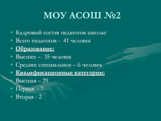 МОУ АСОШ №2 Кадровый состав педагогов школы: Всего педагогов - 41 человек