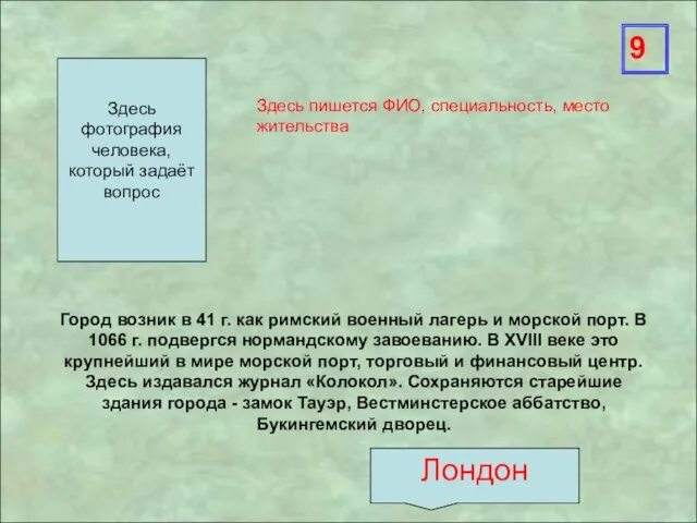 Здесь пишется ФИО, специальность, место жительства 9 Здесь фотография человека, который задаёт