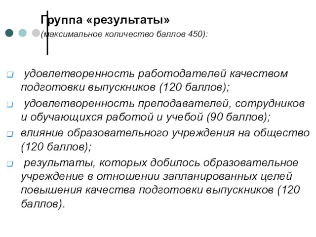 Группа «результаты» (максимальное количество баллов 450): удовлетворенность работодателей качеством подготовки выпускников (120