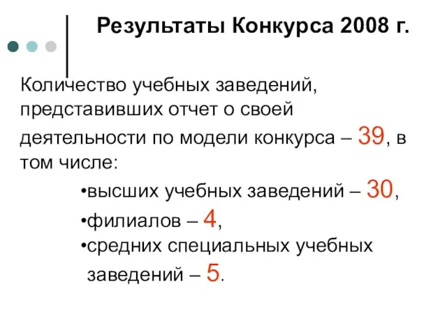 Результаты Конкурса 2008 г. Количество учебных заведений, представивших отчет о своей деятельности