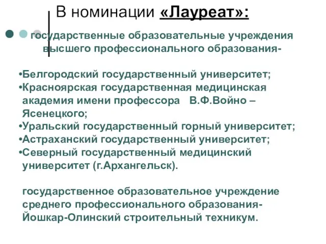 В номинации «Лауреат»: государственные образовательные учреждения высшего профессионального образования- Белгородский государственный университет;