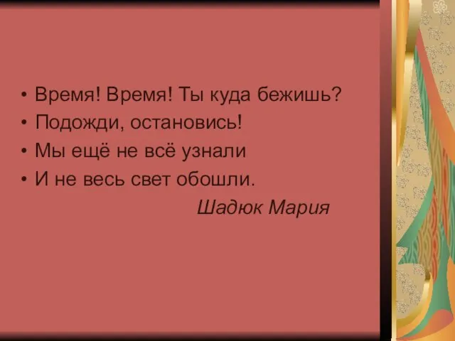 Время! Время! Ты куда бежишь? Подожди, остановись! Мы ещё не всё узнали