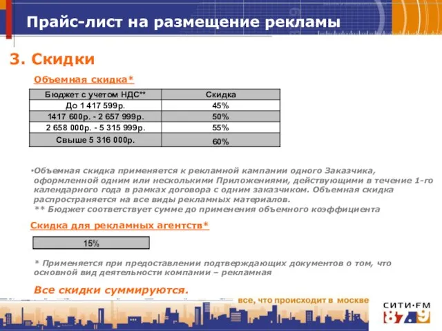 заголовок Прайс-лист на размещение рекламы Объемная скидка применяется к рекламной кампании одного